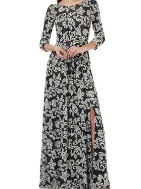 JS Collection Black Silver Floral Embroidered Mesh 3/4 Sleeve Gown